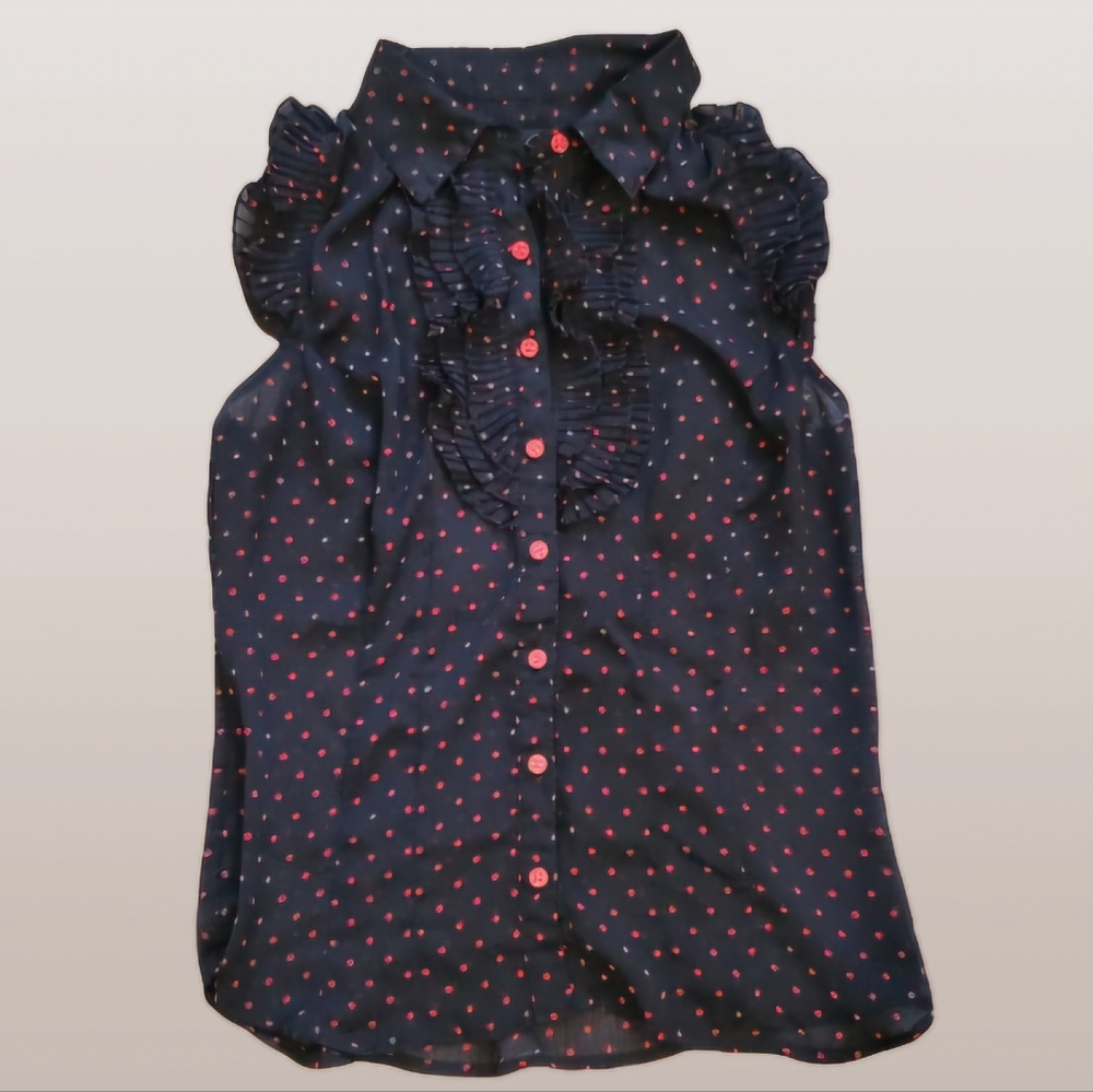 Womens Small Black Red Polkadot Button Up Frilled Shirt Shear Short Sleeve VTG